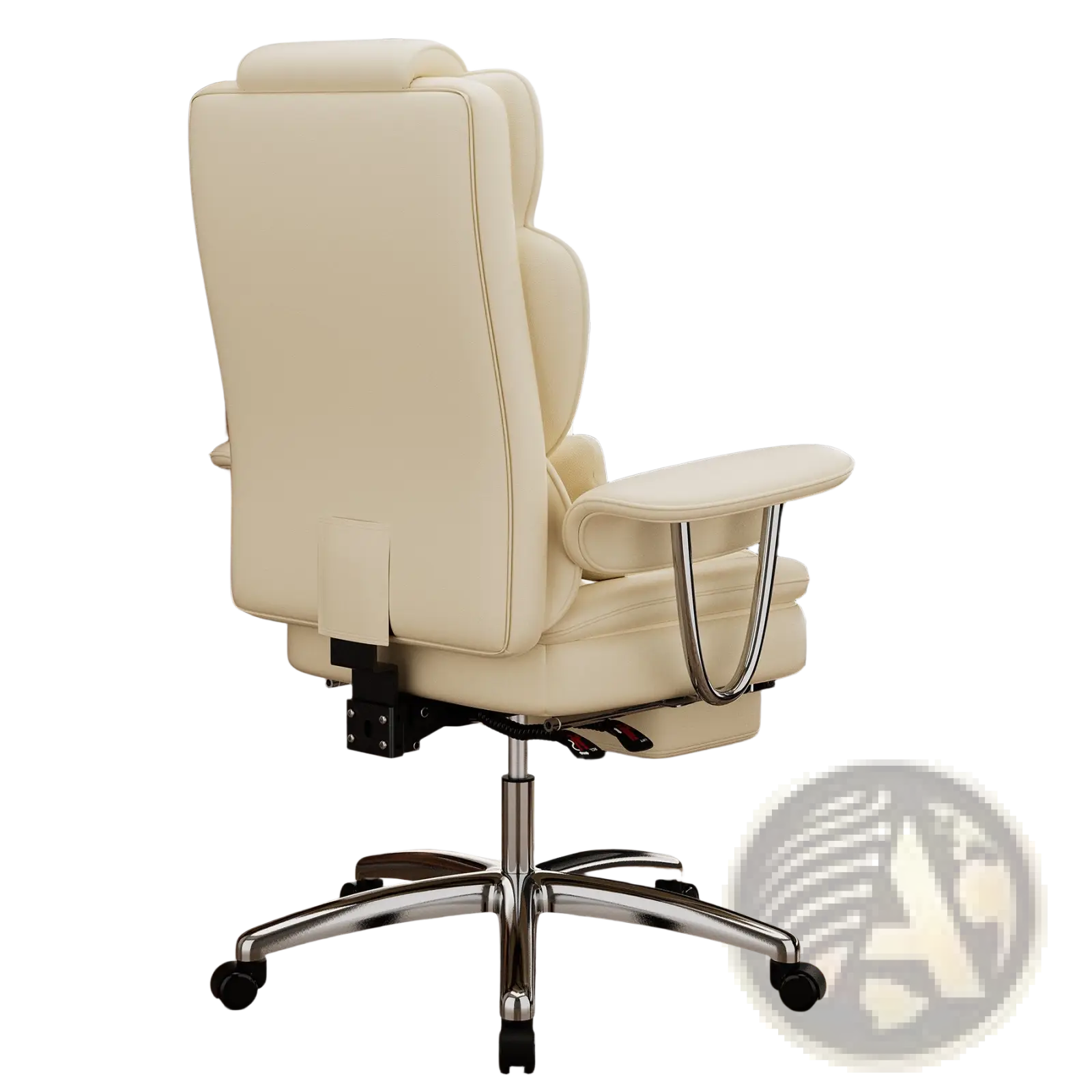 Cream-colored leather big and tall executive office chair with chrome base wheels and extendable footrest for comfort