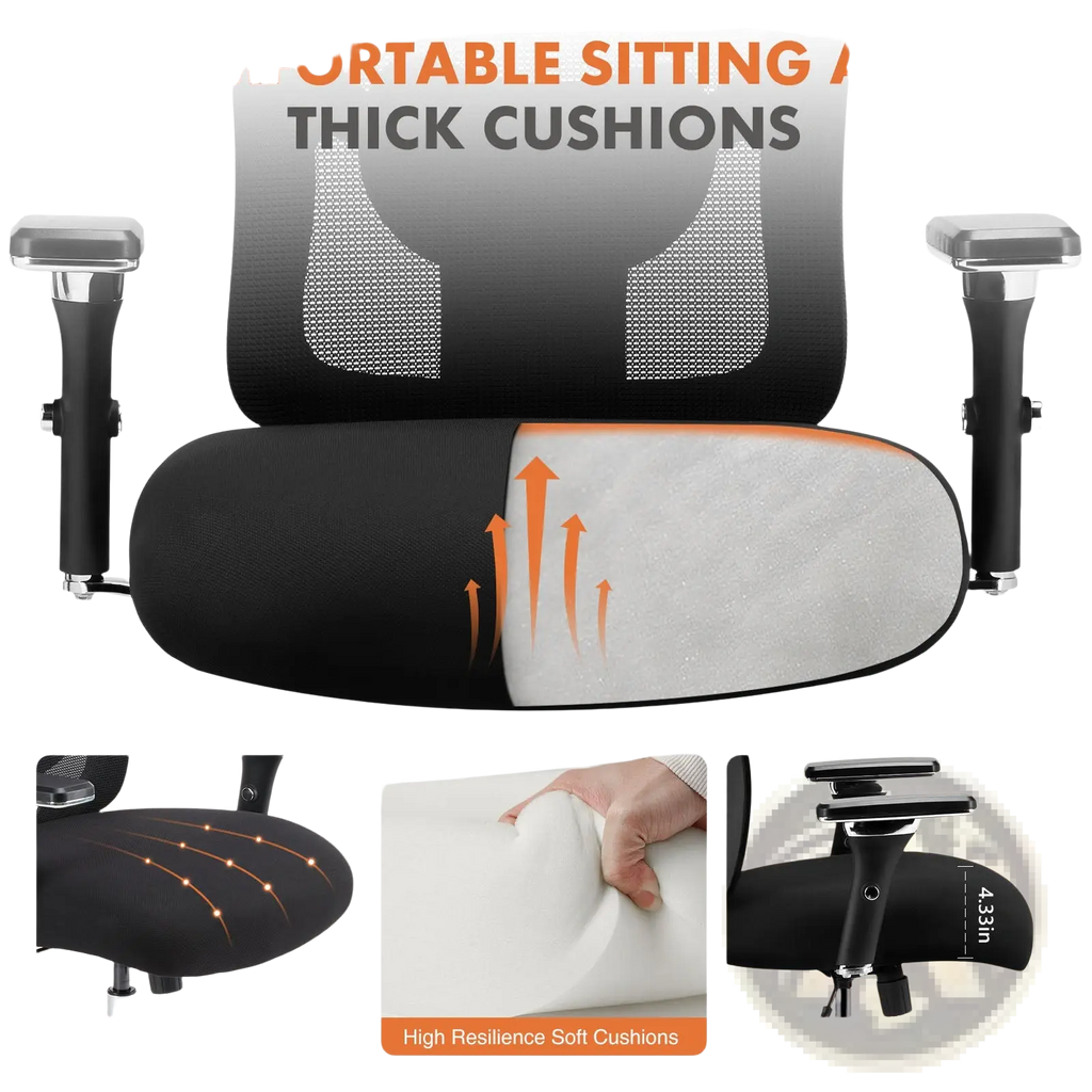 Black ergonomic big and tall office chair with mesh back thick cushioned seat and armrests supporting 500lb capacity