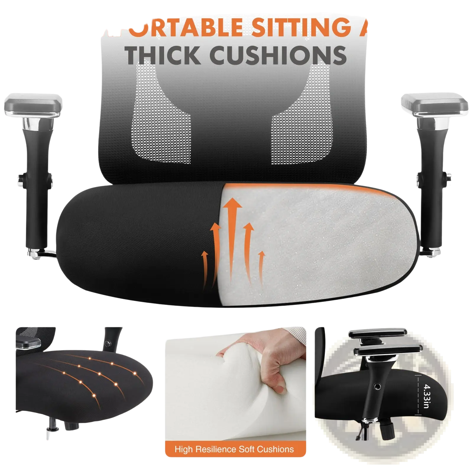 Black ergonomic big and tall office chair with mesh back thick cushioned seat and armrests supporting 500lb capacity