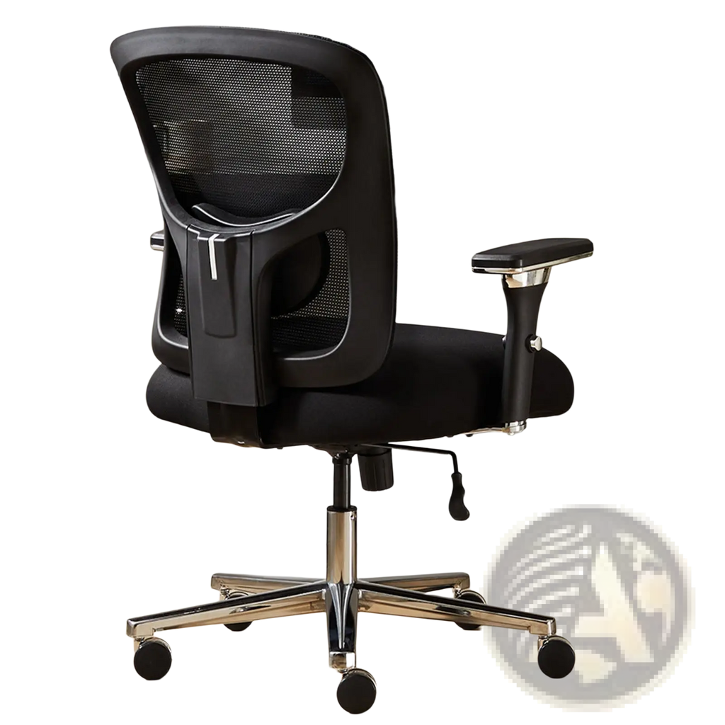 Black mesh big and tall office chair with padded seat and chrome base designed for ergonomic support up to 500lb