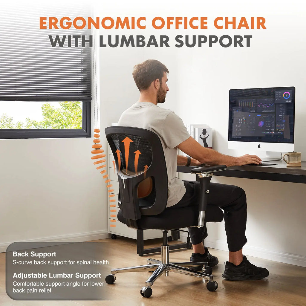Black big and tall office chair with mesh back and adjustable lumbar support for ergonomic spinal health seating