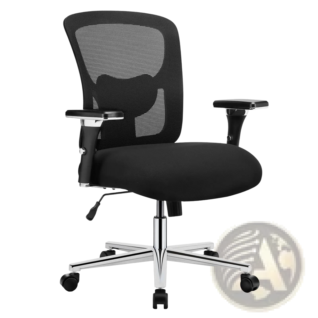 Big and tall office chair with black mesh back, ergonomic seat, chrome base, and casters supporting 500lb capacity