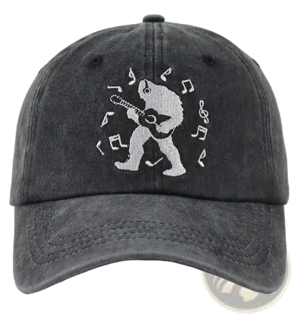 Dark gray distressed baseball cap with white embroidered bigfoot playing guitar and musical notes vintage style
