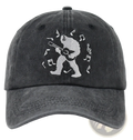 Dark gray distressed baseball cap with white embroidered bigfoot playing guitar and musical notes vintage style