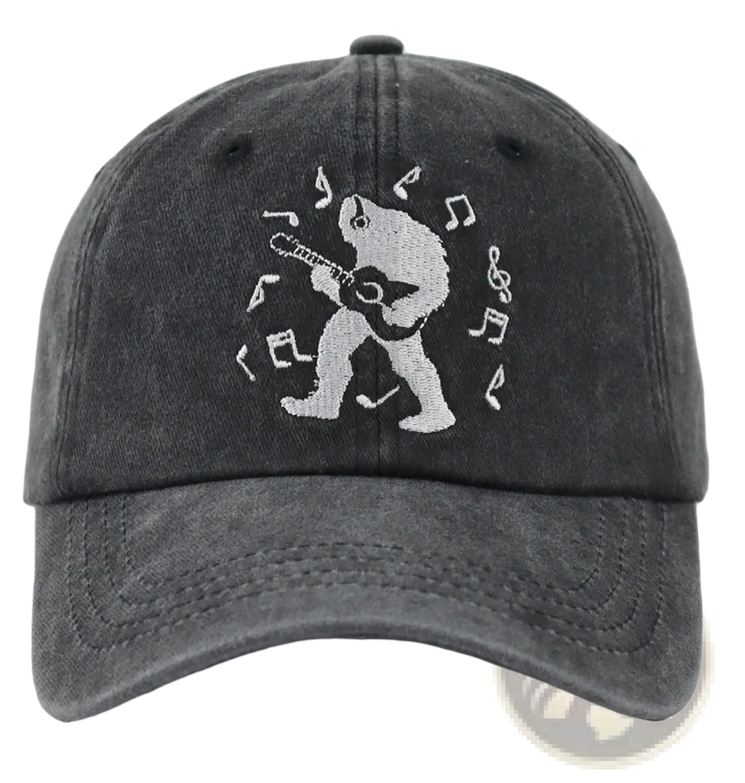 Dark gray distressed baseball cap with white embroidered bigfoot playing guitar and musical notes vintage style