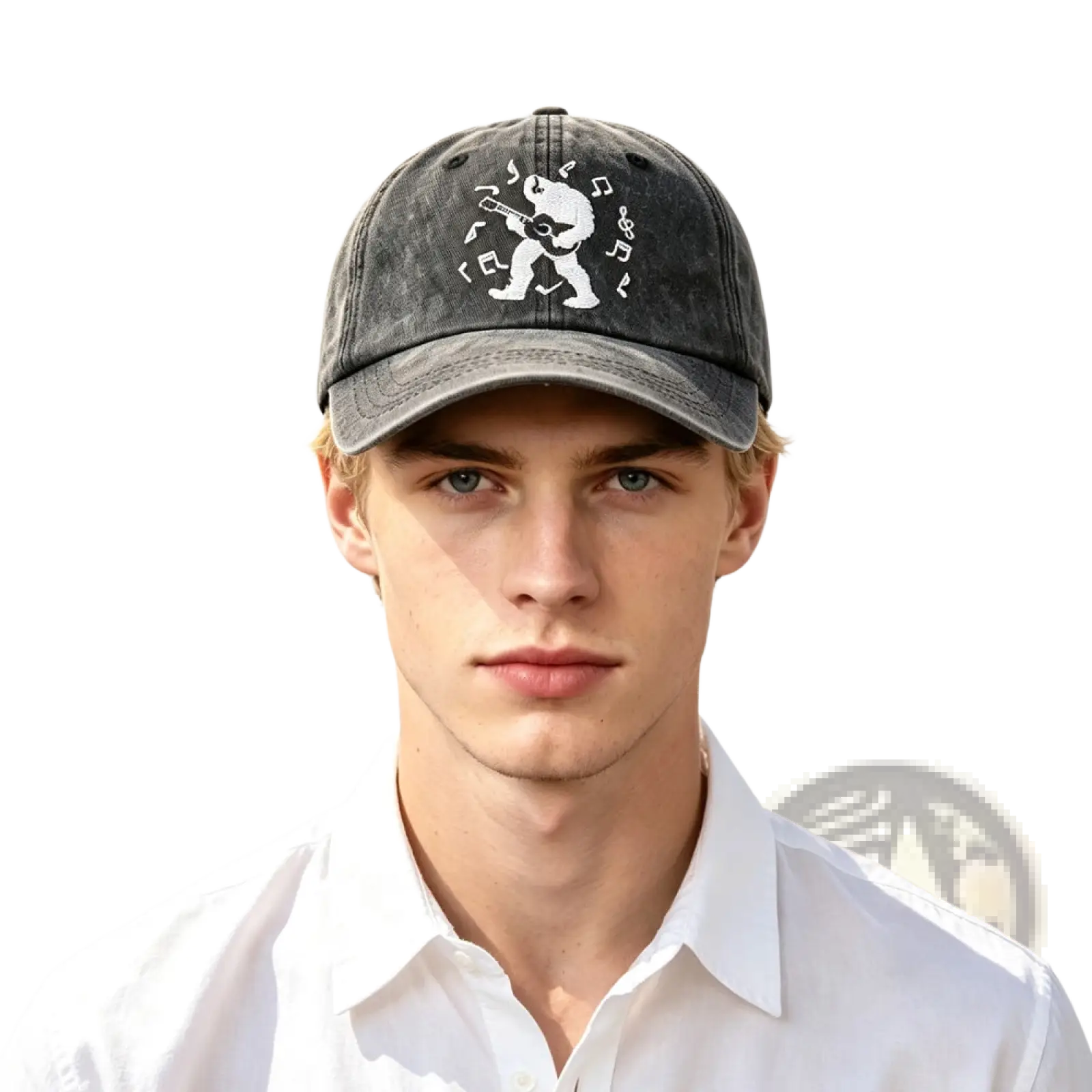 A dark gray distressed denim baseball cap with a white embroidered bear playing guitar and musical notes