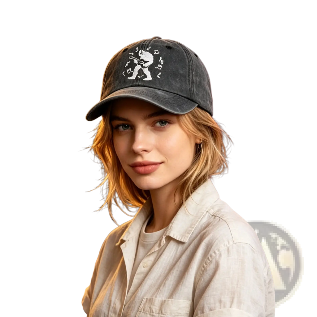 Dark gray distressed baseball cap with white embroidered guitarist and musical notes bigfoot guitar vintage hat