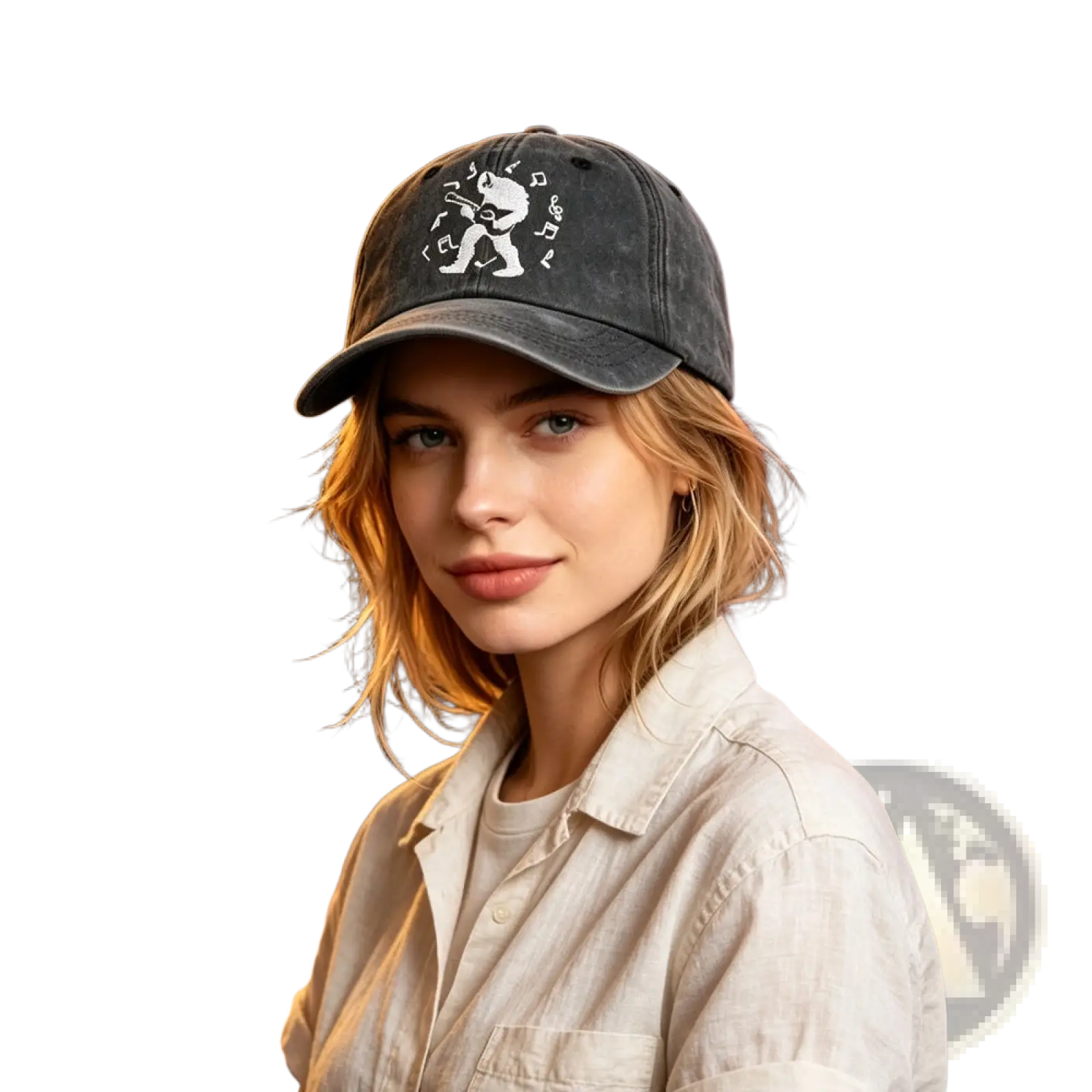 Dark gray distressed baseball cap with white embroidered guitarist and musical notes bigfoot guitar vintage hat