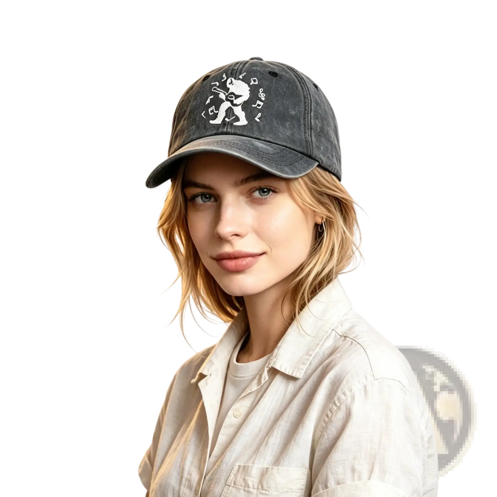 Dark gray distressed baseball cap with white embroidered guitarist and musical notes from bigfoot guitar collection