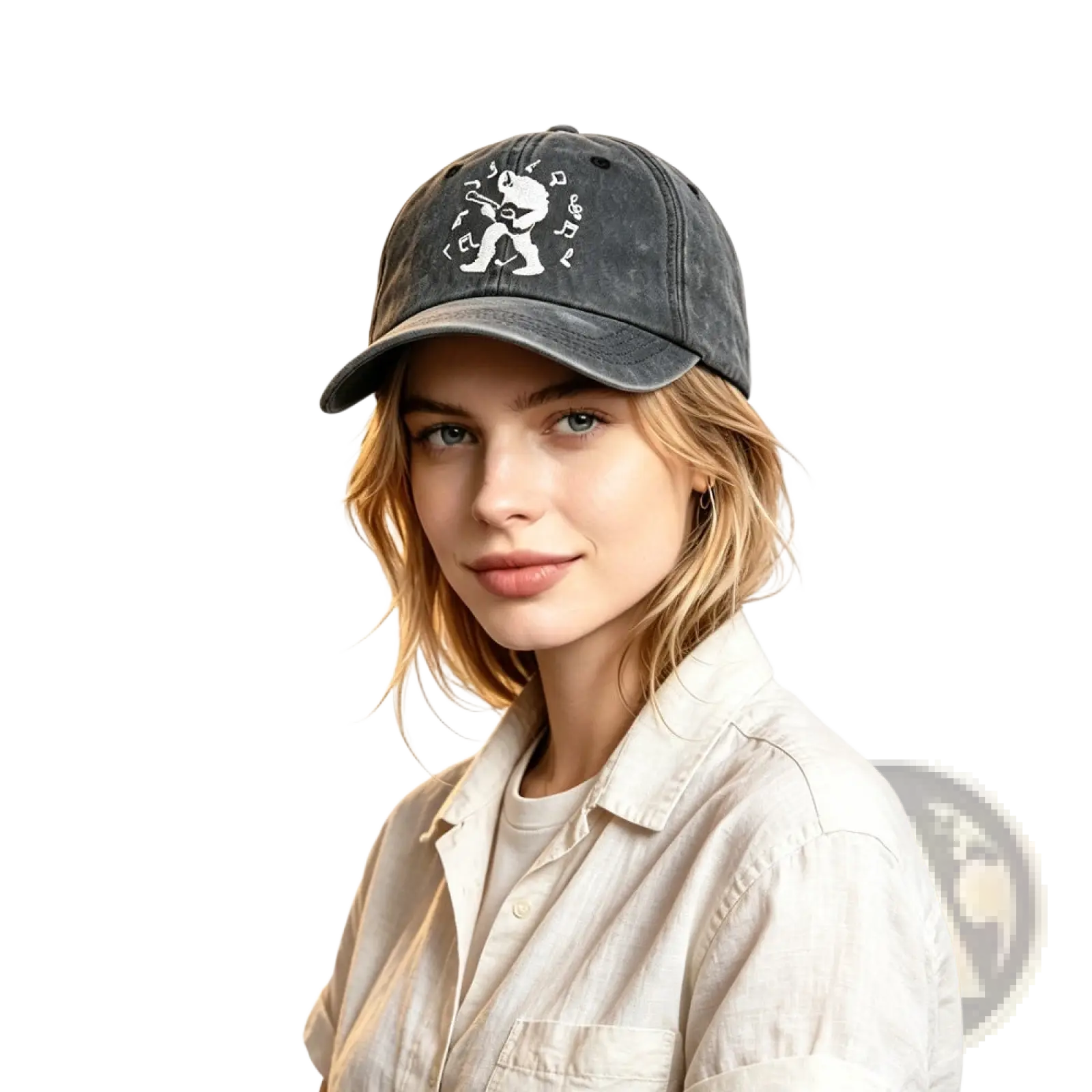 Dark gray distressed baseball cap with white embroidered guitarist and musical notes from bigfoot guitar collection