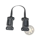 Black plastic safety strap with buckle and reinforced fabric loop for bike bag buckle stabilizer mount