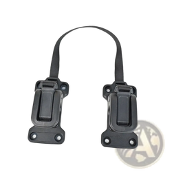Black plastic safety strap with buckle and reinforced fabric loop for bike bag buckle stabilizer mount
