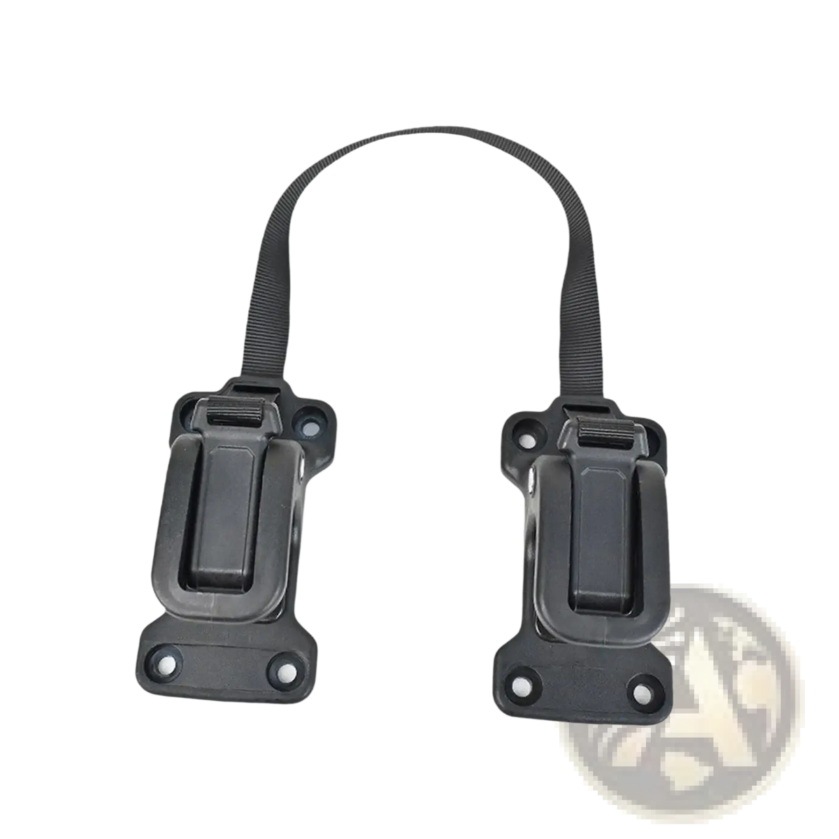 Black plastic safety strap with buckle and reinforced fabric loop for bike bag buckle stabilizer mount
