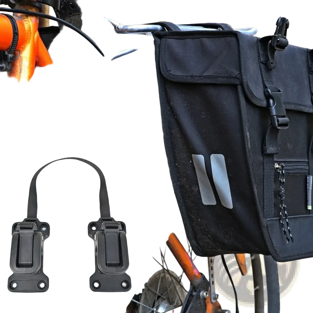 Black bicycle pannier with reflective strips and multiple pockets attached to orange bike frame bike bag buckle stabilizer mount