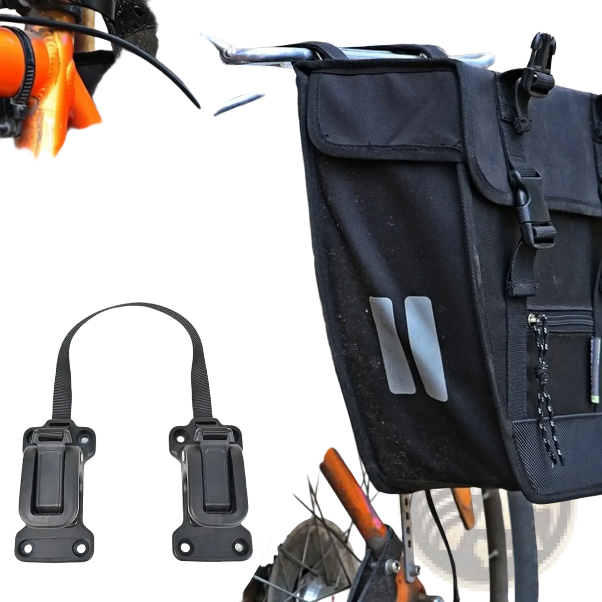 Black bicycle pannier with reflective strips and multiple pockets attached to orange bike frame bike bag buckle stabilizer mount