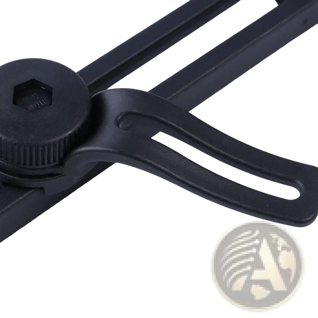Black plastic bike bag buckle stabilizer mount clamp with hexagonal knob and ergonomic handle for secure attachment