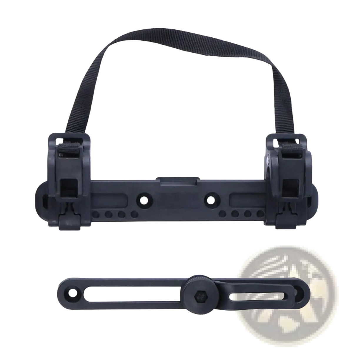 Black plastic bike bag buckle stabilizer mount with adjustable strap 20cm length for bicycle handlebars