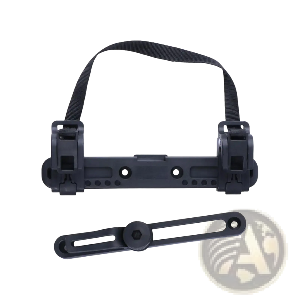 Black plastic bike bag buckle stabilizer mount with adjustable strap and quick-release clamp for handlebars
