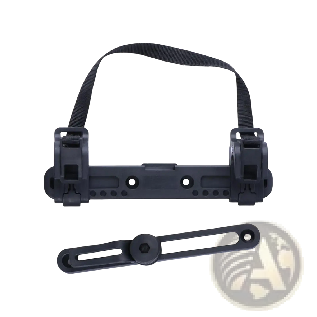 Black plastic bike bag buckle stabilizer mount with adjustable strap and quick-release clamp for handlebars