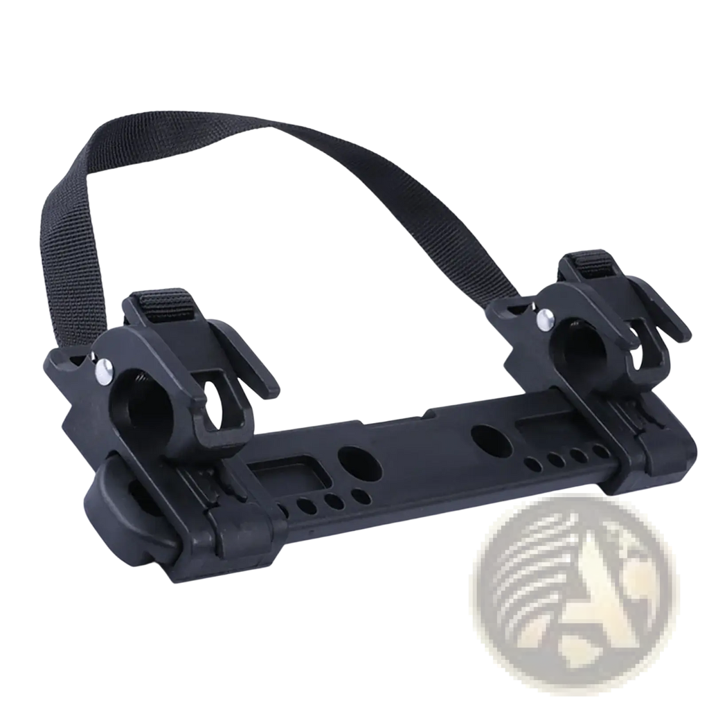 Black plastic bike bag buckle stabilizer mount with adjustable clamps and fabric strap for secure bike rack attachment