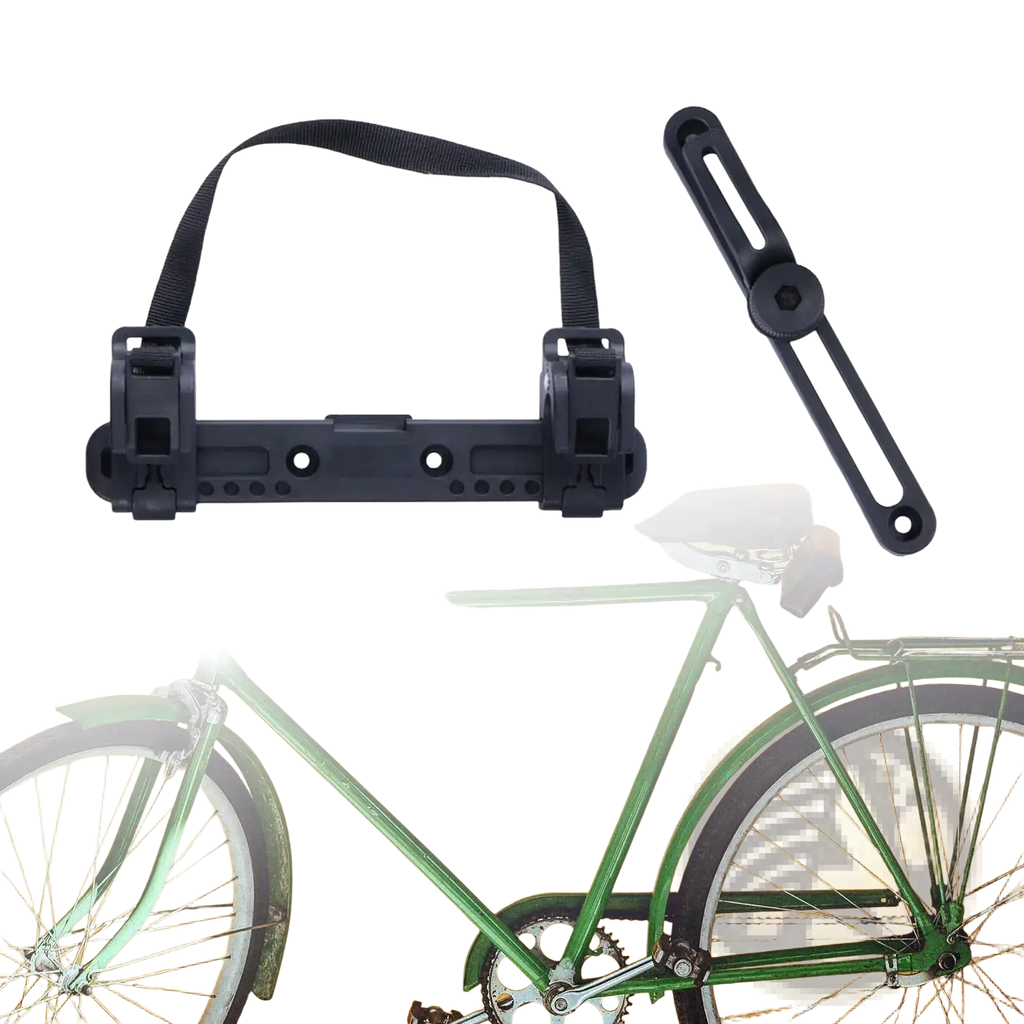 Black plastic bike bag stabilizer mount with adjustable strap and clamp mechanism for saddle rack bracket use