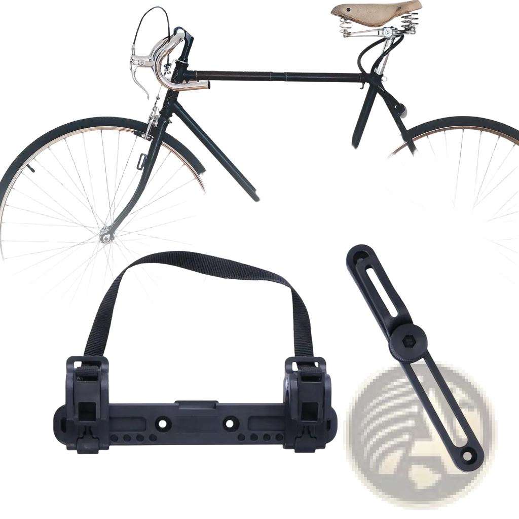 Black plastic bike bag stabilizer mount with adjustable strap and clamp mechanism for saddle rack bracket