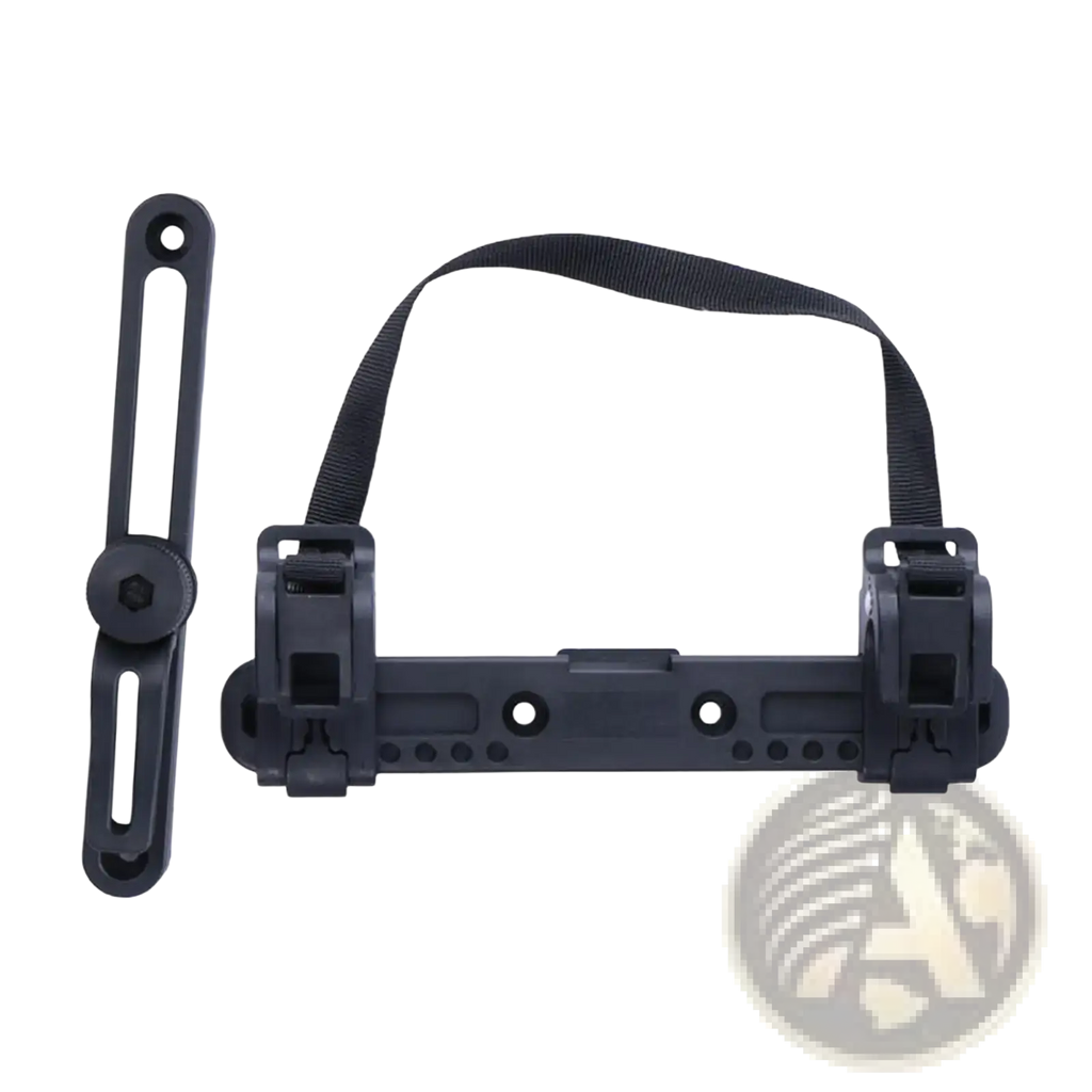 Black plastic bike bag stabilizer mount with adjustable strap and clamp mechanism for saddle rack attachment