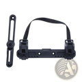 Black plastic bike bag stabilizer mount with adjustable strap and clamp mechanism for saddle rack attachment