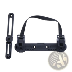 Black plastic bike bag stabilizer mount with adjustable strap and clamp mechanism for saddle rack attachment