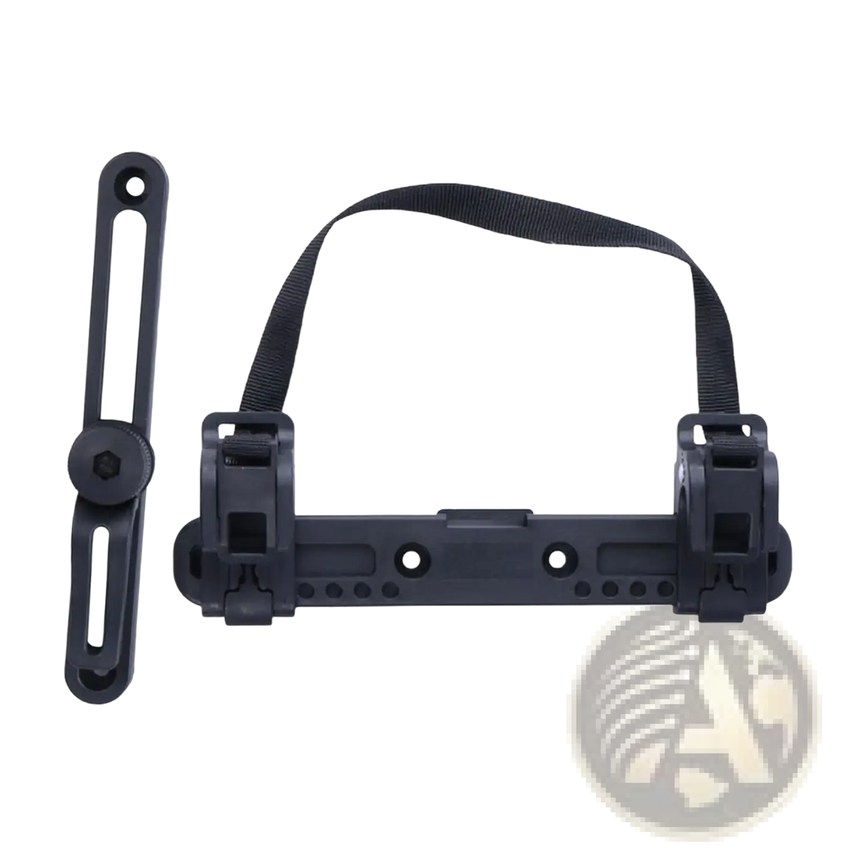Black plastic bike bag stabilizer mount with adjustable strap and clamp mechanism for saddle rack attachment