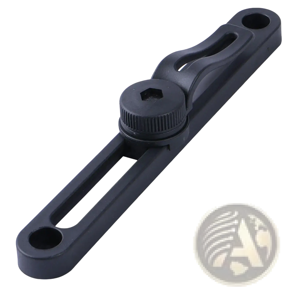 Black plastic bike bag stabilizer mount slider with textured knob and cutout design for adjustable saddle rack bracket
