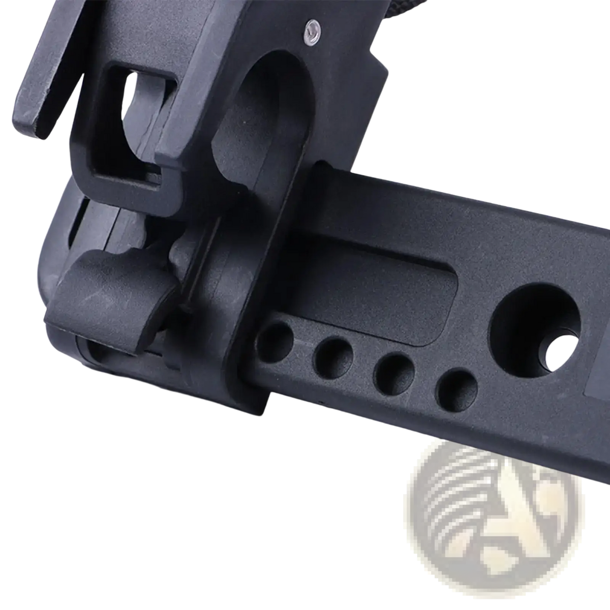 Black plastic bike bag stabilizer mount with adjustable saddle rack bracket quick-release plate and multiple holes