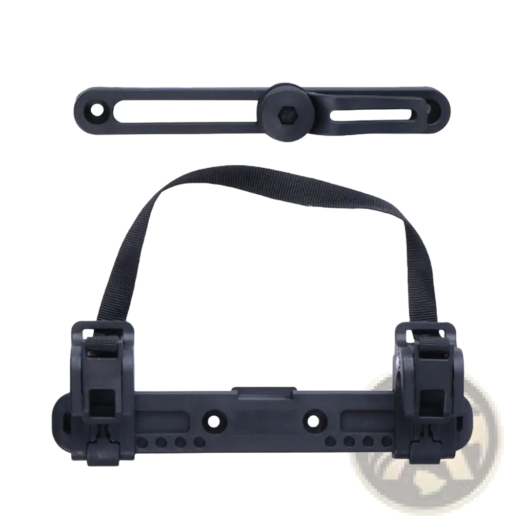 Black plastic bike bag stabilizer mount with adjustable strap and hexagonal knob for saddle rack bracket use