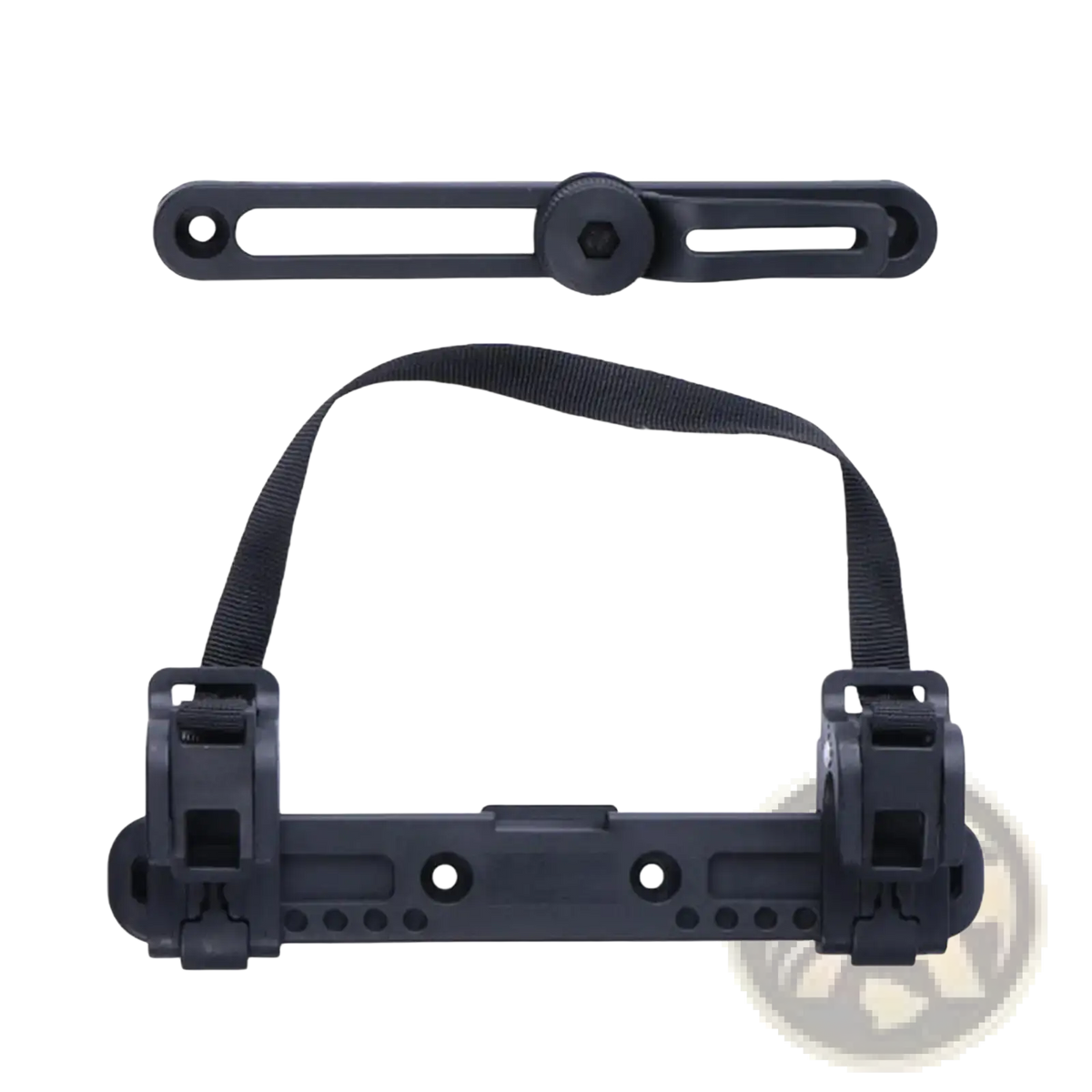 Black plastic bike bag stabilizer mount with adjustable strap and hexagonal knob for saddle rack bracket use