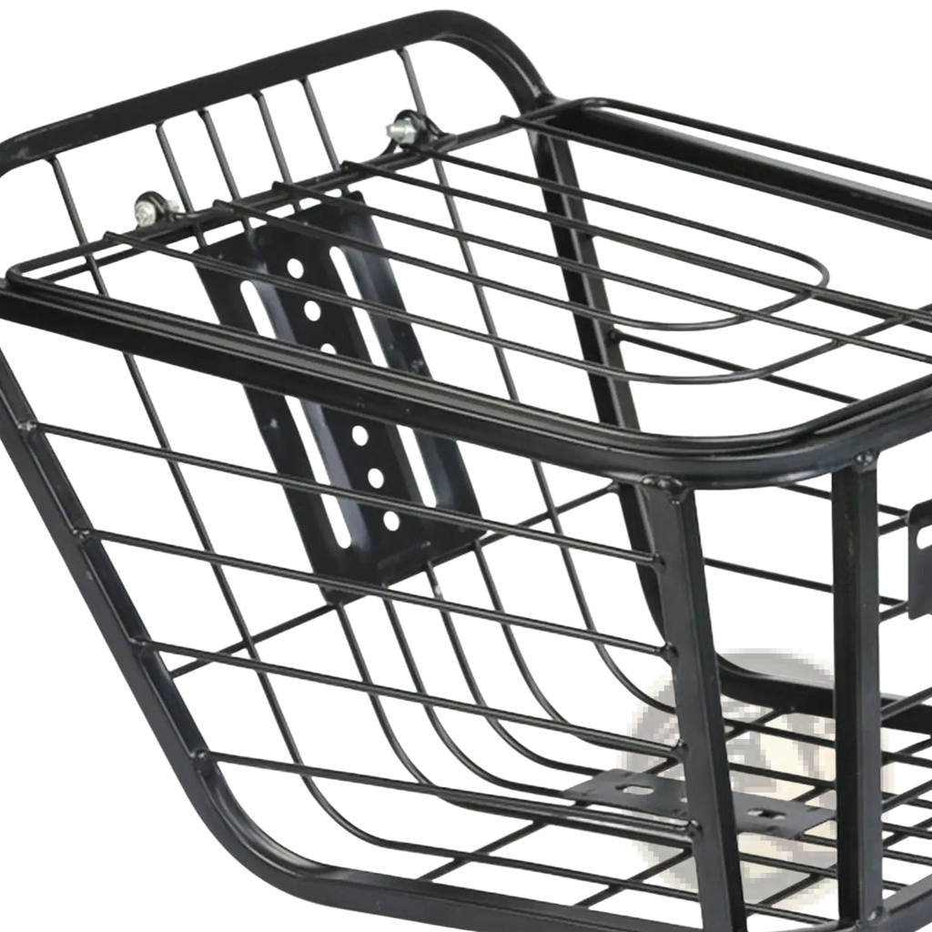 Black metal wire bicycle basket with grid design and mounting brackets for detachable storage rack use