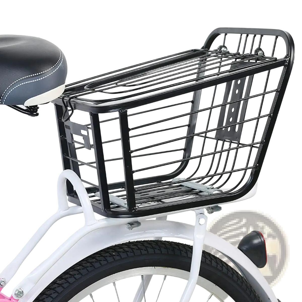Black metal wire bicycle basket with rectangular grid design and reinforced frame for detachable storage rack use