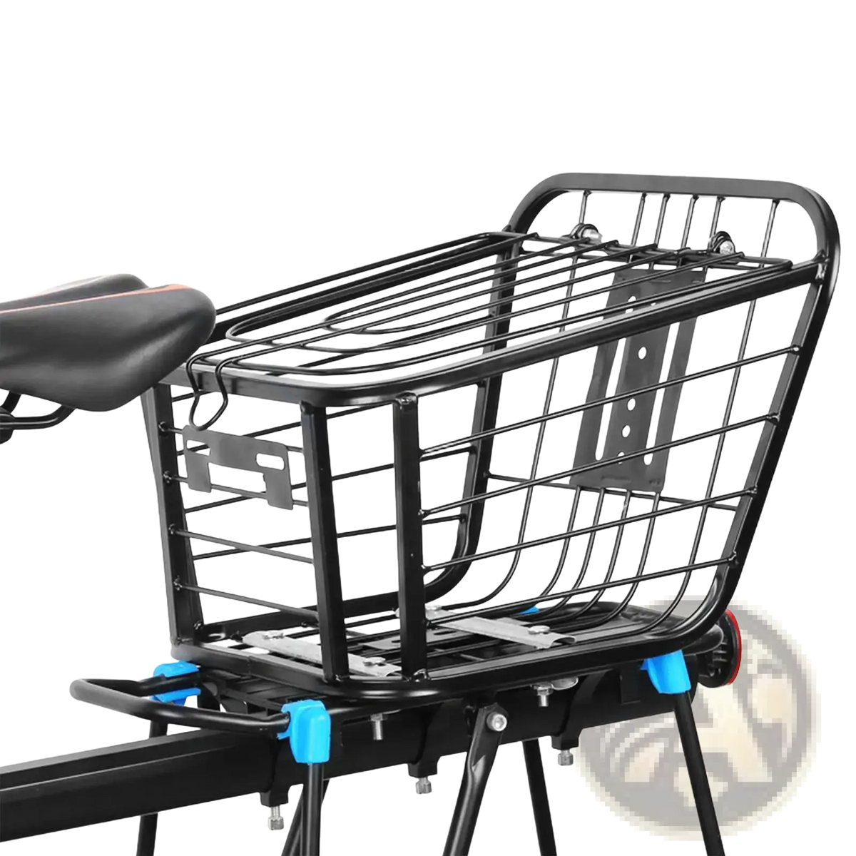Black metal wire bicycle basket with blue plastic mounting clips for detachable storage rack use