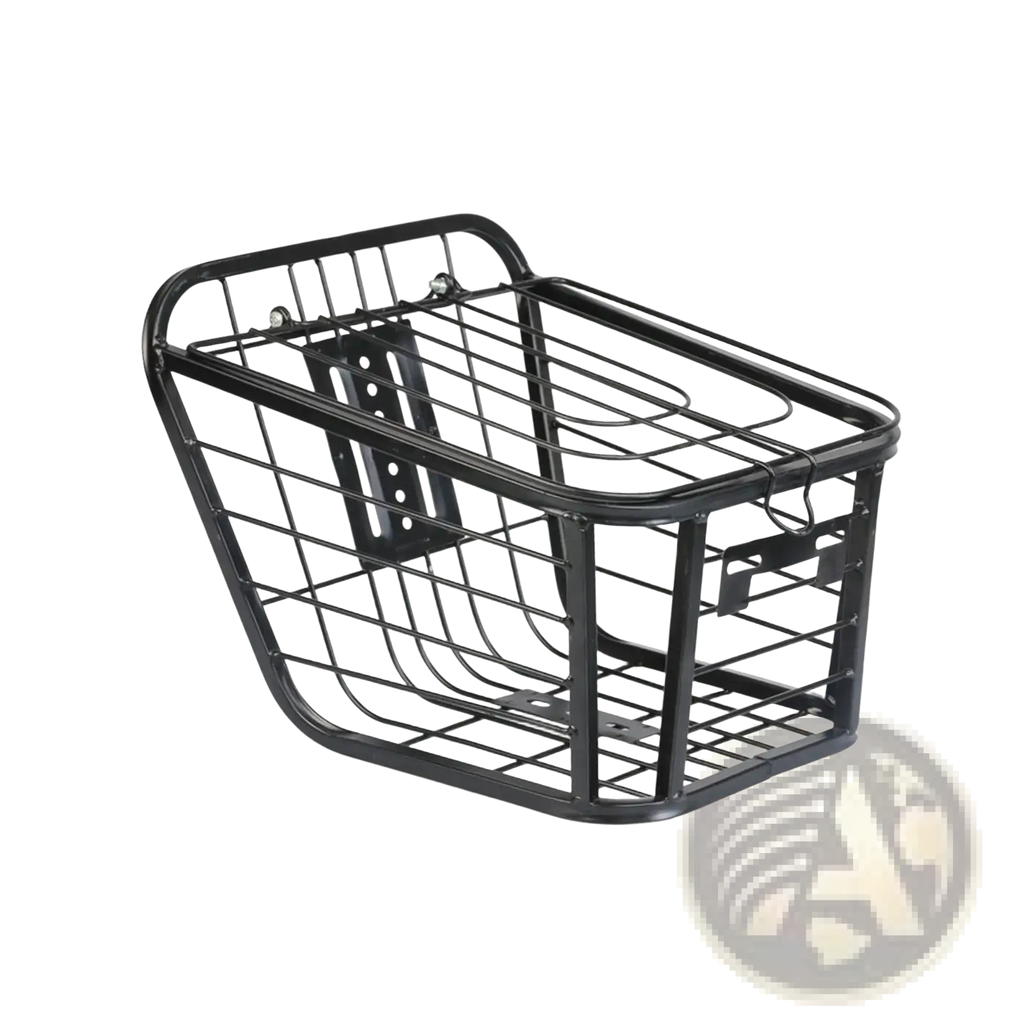 Black metal wire bicycle basket with rectangular grid design and reinforced side handles for detachable storage rack