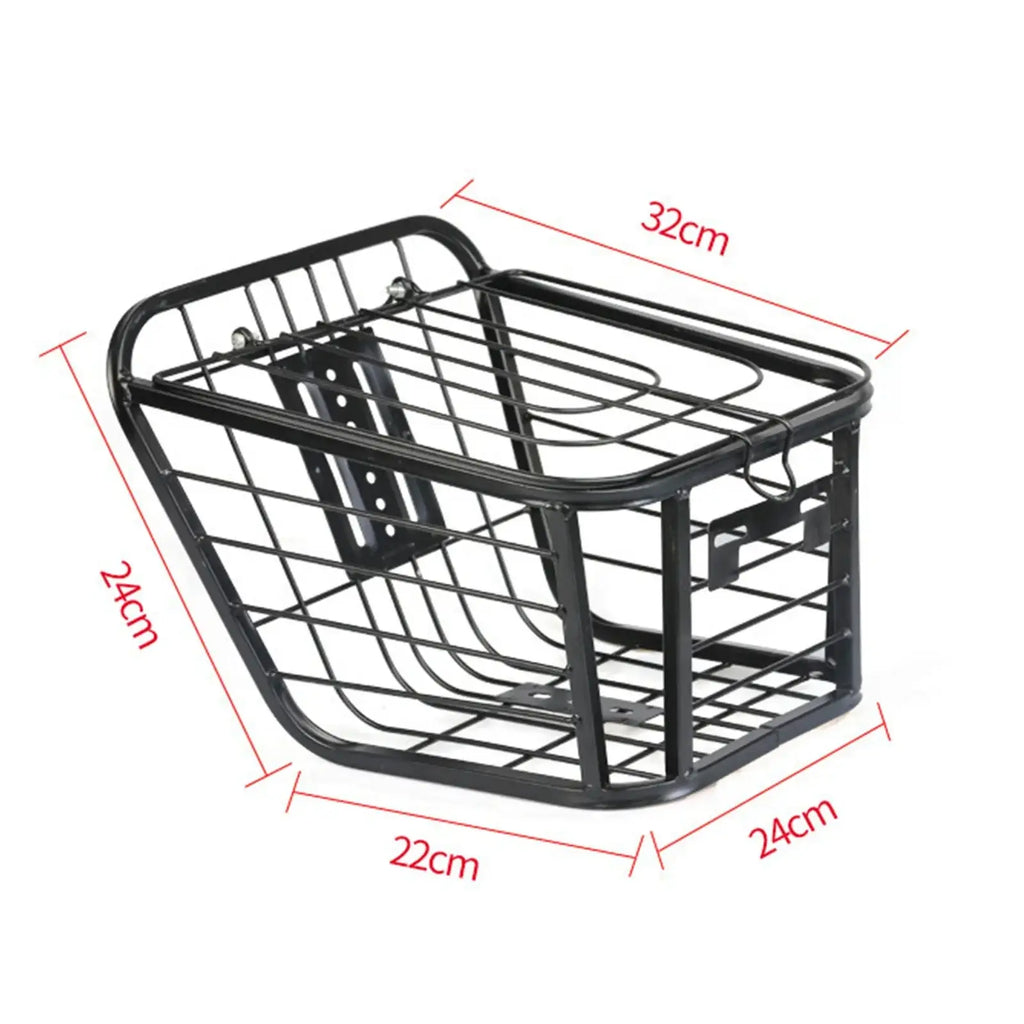 Black metal bicycle basket with wire mesh design and reinforced frame for detachable storage rack use