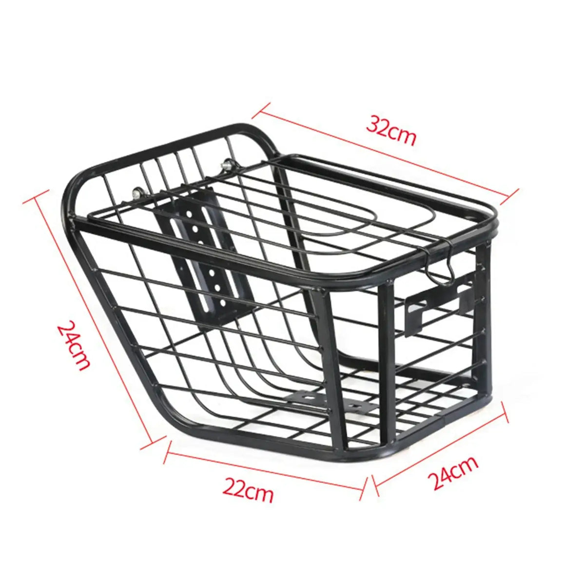 Black metal bicycle basket with wire mesh design and reinforced frame for detachable storage rack use