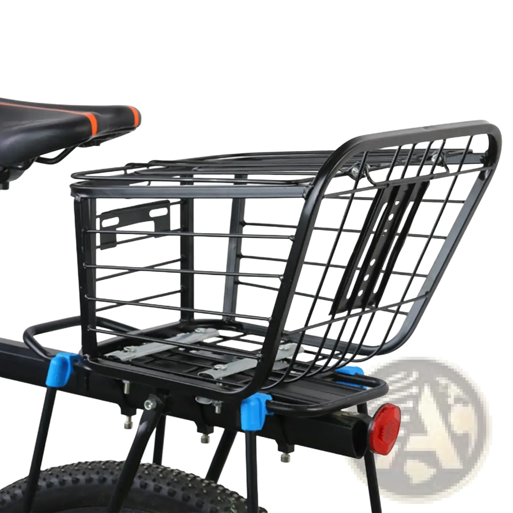 Black metal bike basket with blue plastic clamps and red rear light attached to the back of the bike frame