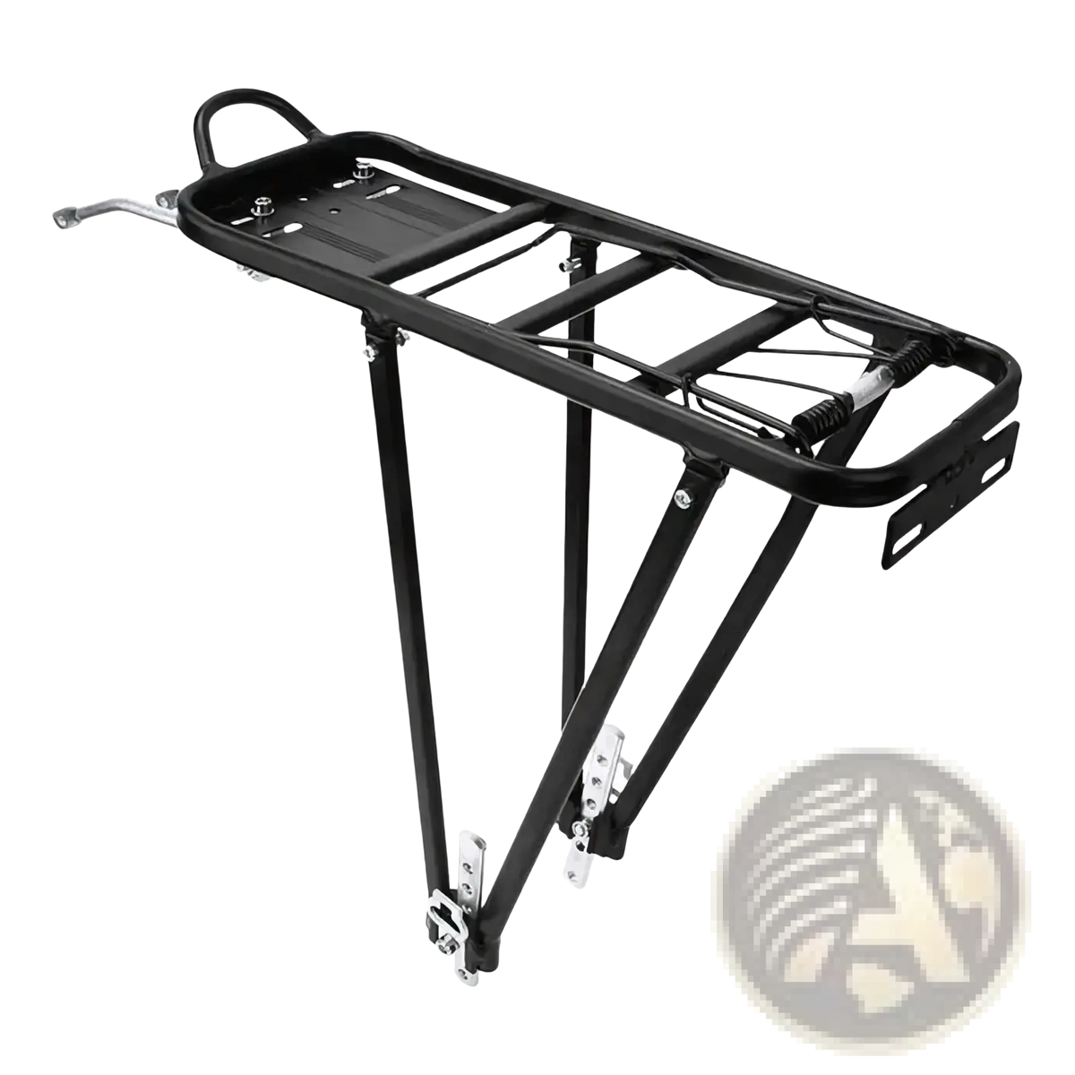 Black metal rear side of aluminum bike cargo rack with sturdy frame and adjustable mounting brackets rated for 35kg