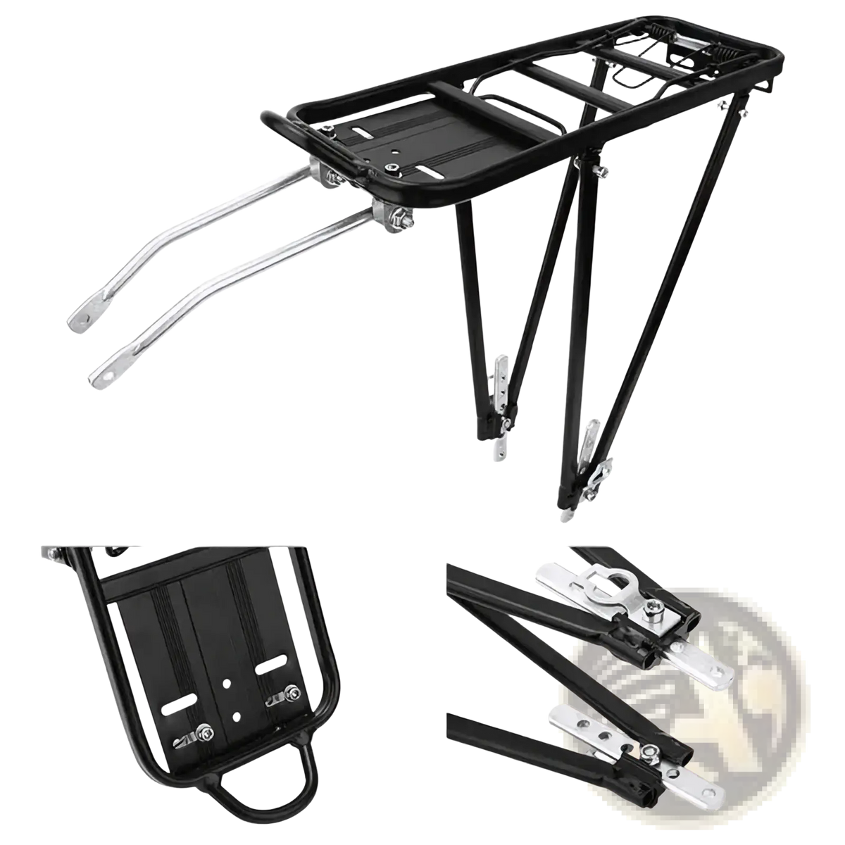 Black metal aluminum rear bicycle carrier with flat platform and adjustable legs shown from the back side