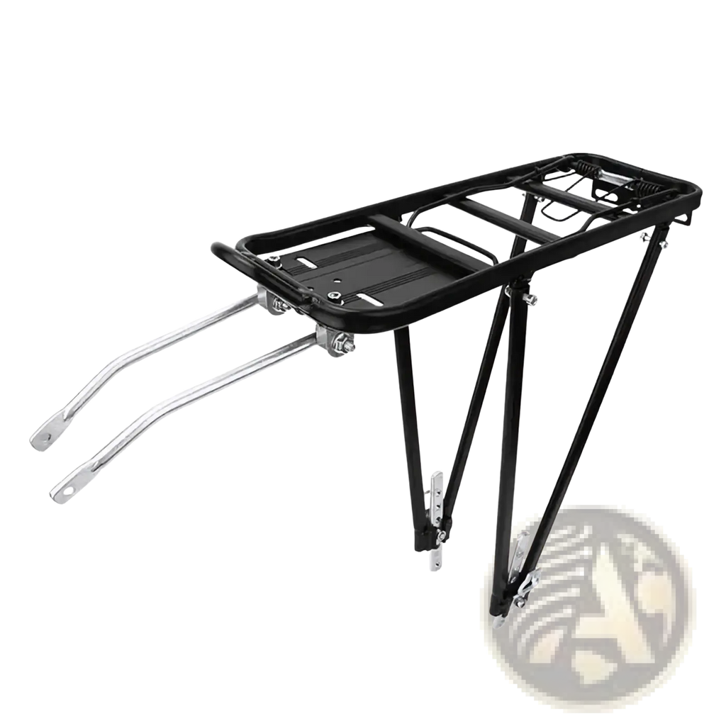 Black metal bike cargo rack with flat platform and adjustable legs made of aluminum for rear bicycle use