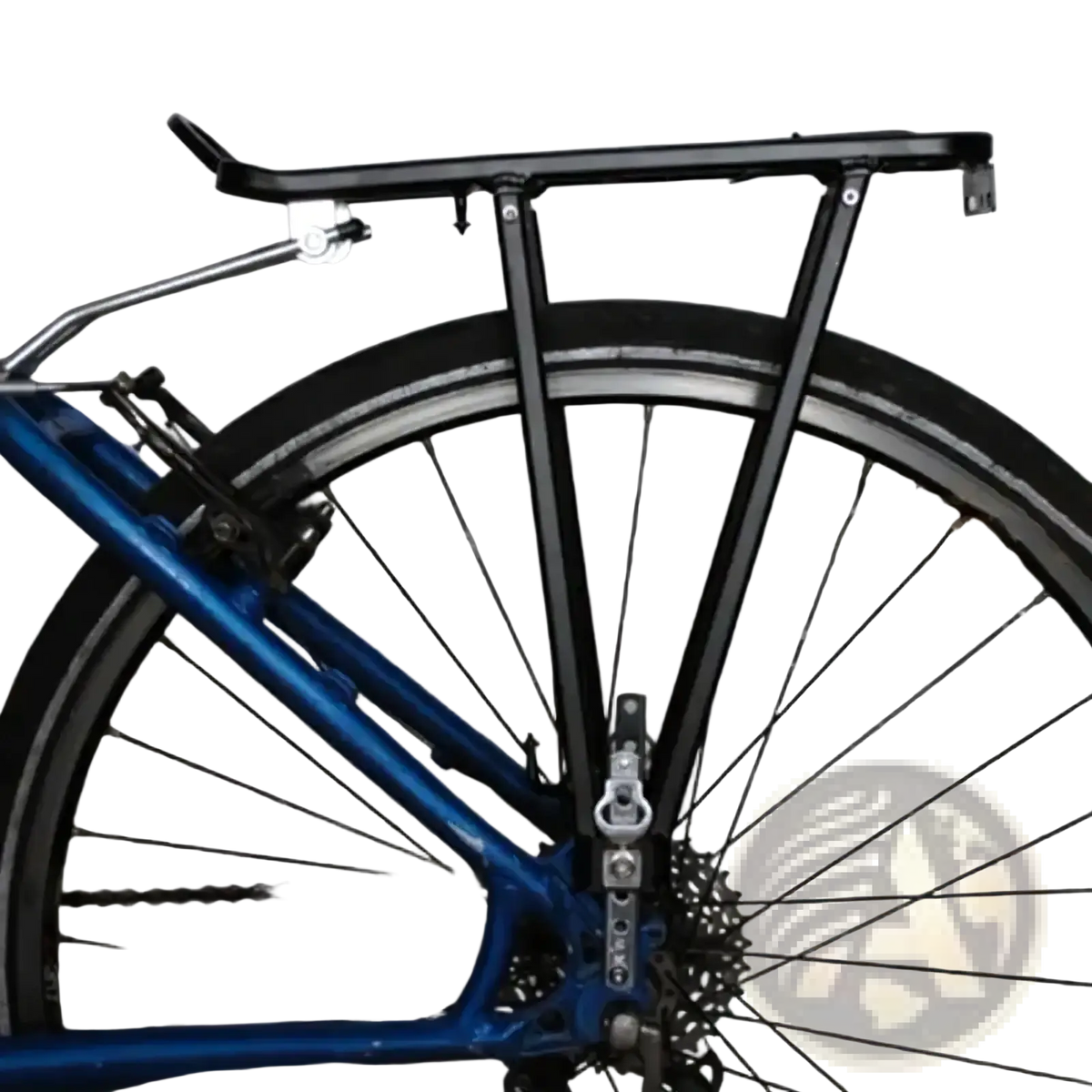 Black metal bike cargo rack with flat platform and adjustable mounting brackets rear view aluminum carrier