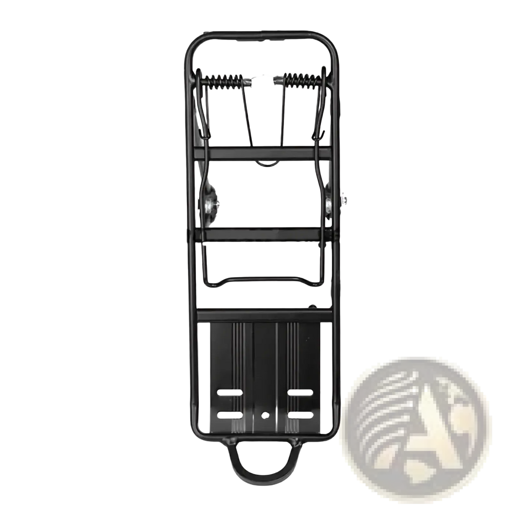 Black metal bike cargo rack with spring loaded hooks and handle at bottom made of aluminum for rear bicycle use