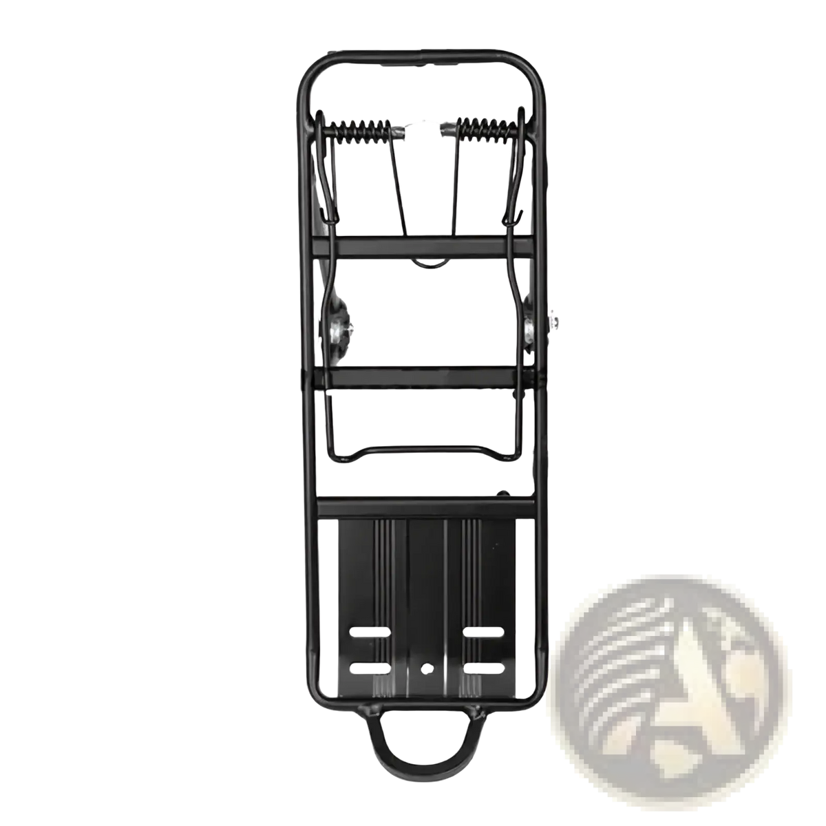 Black metal bike cargo rack with spring loaded hooks and handle at bottom made of aluminum for rear bicycle use