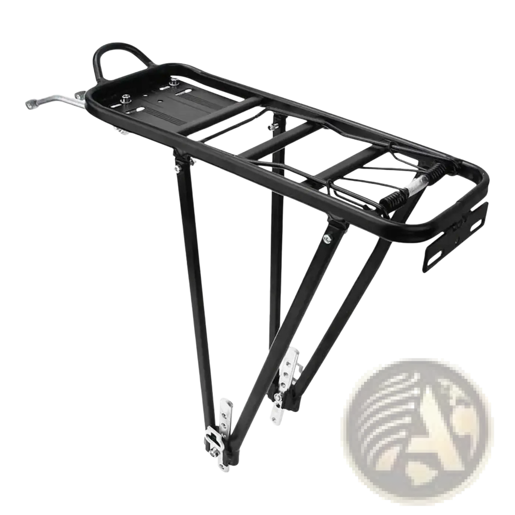 Black metal bike cargo rack with sturdy aluminum frame and adjustable mounting brackets shown from the back side