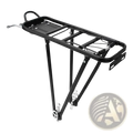 Black metal bike cargo rack with sturdy aluminum frame and adjustable mounting brackets shown from the back side