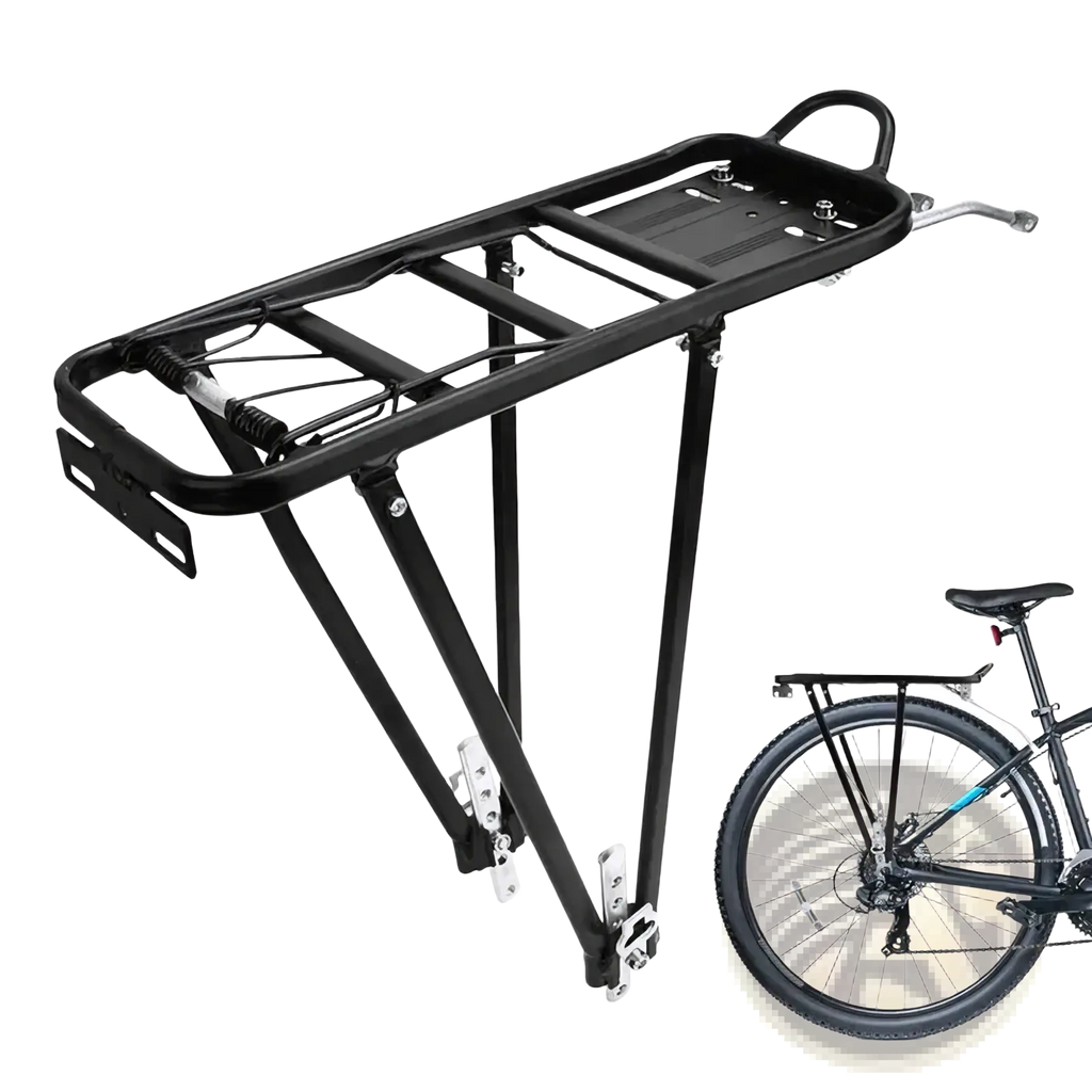 Black metal bike cargo rack with sturdy aluminum frame and integrated handle for easy carrying shown from the back side
